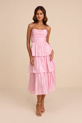 Tennon Light Pink Plisse Tiered Midi Dress