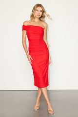 Jayleen Red Mesh One-Shoulder Midi Dress
