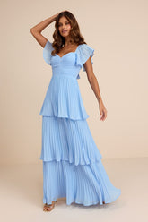 Notorious Charm Light Blue Pleated Flutter Sleeve Maxi Dress