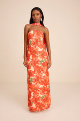 Rawya Orange Floral Strapless Maxi Dress and Scarf Set