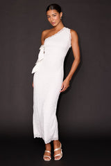 Sophie White Lace One-Shoulder Bow Column Maxi Dress