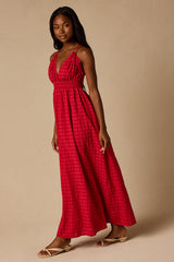 Tamilyn Red Gingham Lace-Up Maxi Dress