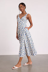 Fenley Ivory and Blue Ivory Floral Button-Front Midi Dress