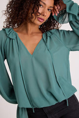 Florencia Teal Ruffled Long Sleeve Top