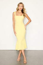 Moment Maker Light Yellow Square Neck Trumpet Midi Dress