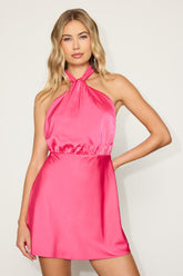 Sleek Essence Fuchsia Satin Halter Sleeveless Mini Dress