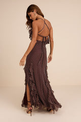 Casey Brown Polka Dot Halter Ruffled Maxi Dress