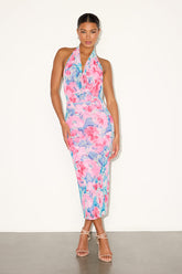 Venus Teal and Pink Floral Mesh Backless Midi Dress