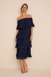 Gala Ready Navy Blue Off-the-Shoulder Ruffle Midi Dress