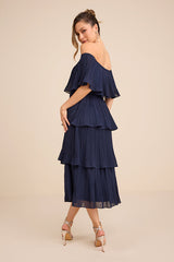Gala Ready Navy Blue Off-the-Shoulder Ruffle Midi Dress