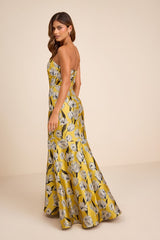 Gowning Around Yellow Floral Jacquard Strapless Maxi Dress