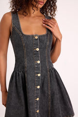 Prinsley Washed Black Denim Button-Front Mini Dress