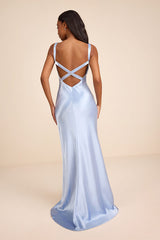 Perfectly Classy Light Blue Satin Strappy Maxi Dress