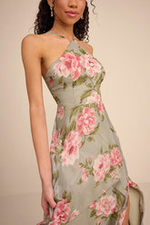 Romantic Marvel Sage Floral Print Halter Neck Maxi Dress