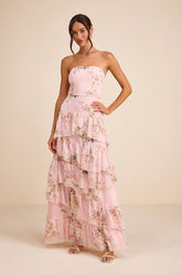 Niyati Blush Floral Strapless Tiered Maxi Dress