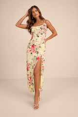 Emery Light Yellow Floral Asymmetrical Ruffled Maxi Dress