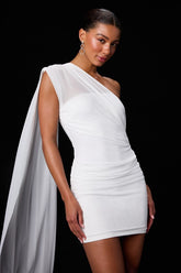 Nathalia White Mesh One-Shoulder Sash Mini Dress