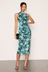Prettiest Energy Black and Teal Floral Mesh Midi Dress