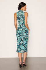 Prettiest Energy Black and Teal Floral Mesh Midi Dress