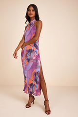 Luala Purple Multi Print Plisse Backless Maxi Dress