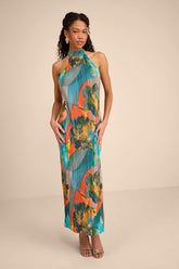 Luala Turquoise Multi Print Plisse Backless Maxi Dress
