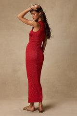 Jordi Red Sequin Crochet Knit Maxi Dress