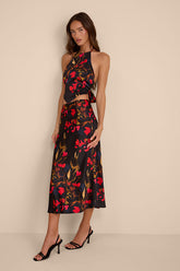 Jules Black Multi Floral Satin Two-Piece Midi Dress