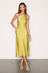 Lorissa Chartreuse Satin Halter Midi Dress