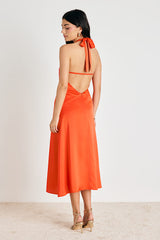 Deva Orange Satin Halter Midi Dress