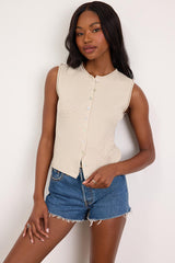 Jayla Beige Embroidered Button-Front Sweater Top