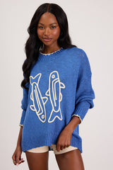 Montauk Blue Embroidered Pullover Sweater