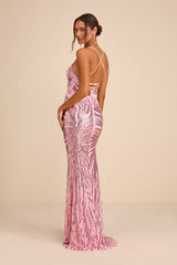 Sparkle 'til Dawn Light Pink Sequin Lace-Up Mermaid Maxi Dress