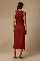 Livia Rust Red Pointelle Knit Wrap Midi Dress