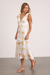 Malta White Multi Print Tie-Strap Midi Dress