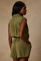Ira Olive Green Collared Drawstring Romper