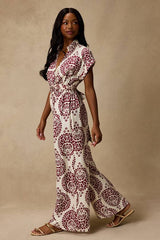 Dolla White and Magenta Boho Print Wide-Leg Jumpsuit
