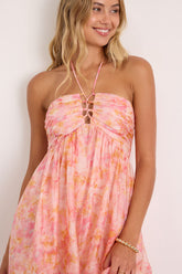 Kiele Pink Multi Abstract Lace-Up Mini Dress