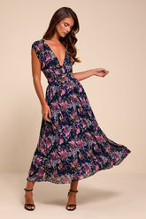 Taylen Navy Multi Floral Plisse Midi Dress