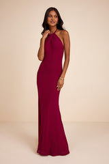 Adriel Berry Red Mesh Halter Mermaid Maxi Dress