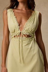 Connie Light Chartreuse Lace Tie-Front Midi Dress