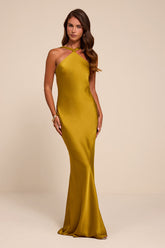 Sienna Chartreuse Satin Backless Maxi Dress