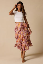 Pavinna Mauve Floral Print Tiered Ruffle Maxi Skirt