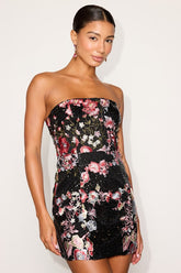 Tiffy Black Multi Sequin Embroidered Strapless Mini Dress