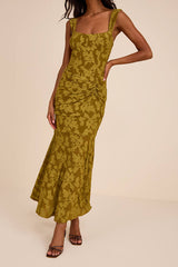 Celeste Olive Green Floral Burnout Bustier Maxi Dress