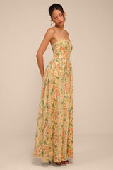 Claudia Light Orange Multi Floral Strapless Maxi Dress