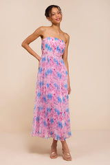 Kymani Pink Multi Floral Pleated Midi Dress