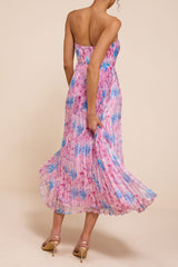 Kymani Pink Multi Floral Pleated Midi Dress