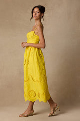 Jenora Yellow Embroidered Bustier Midi Dress