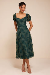 Sweetest Behavior Emerald Embroidered Puff Sleeve Midi Dress