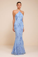 Celyna Light Blue Mesh Floral Applique Maxi Dress